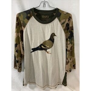 Staple World Renown Pigeon Brand 3/4 Sleeve Green Camo Shirt Sz L Camping Hiking